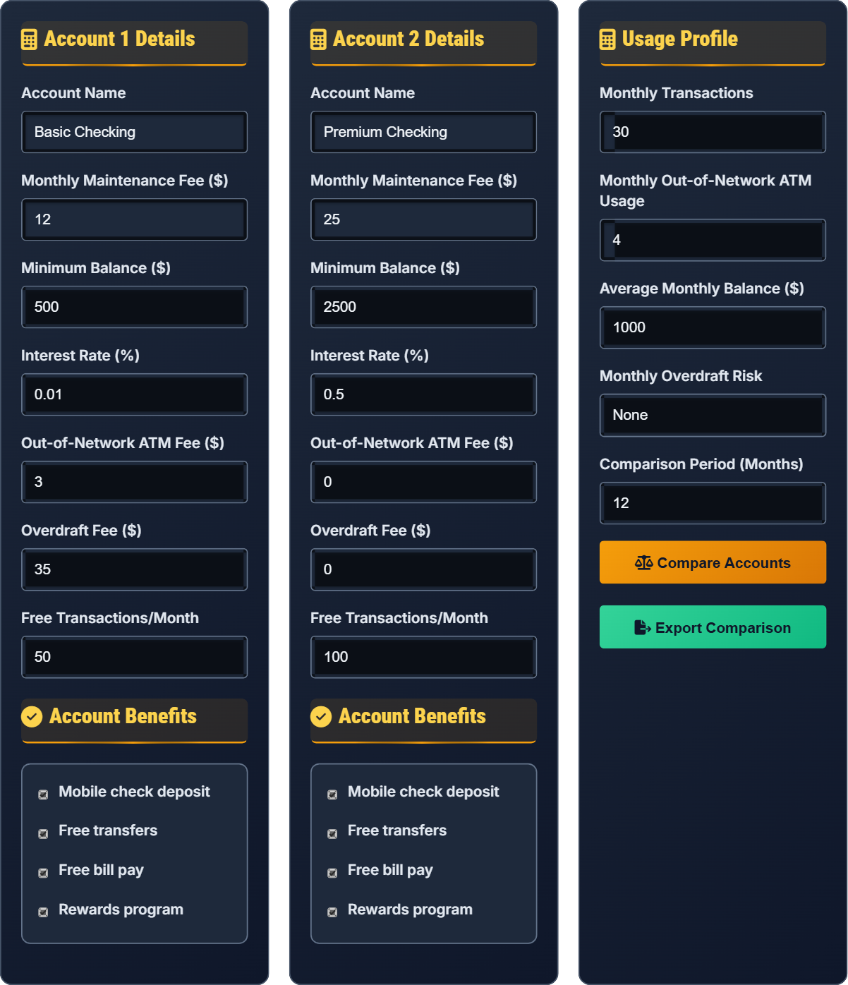 How do I choose between different bank accounts and fees?
